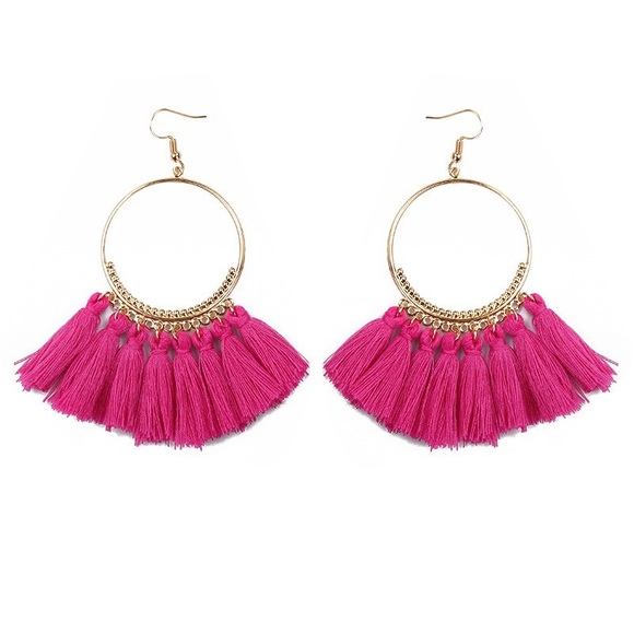 🔸2 for $15🔸Hot Pink Tassel Hook Earrings - Picture 1 of 2